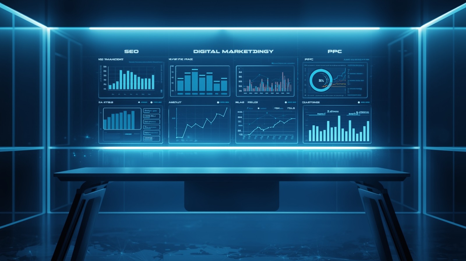 A professional, hyper-realistic digital marketing workspace with holographic analytics dashboards