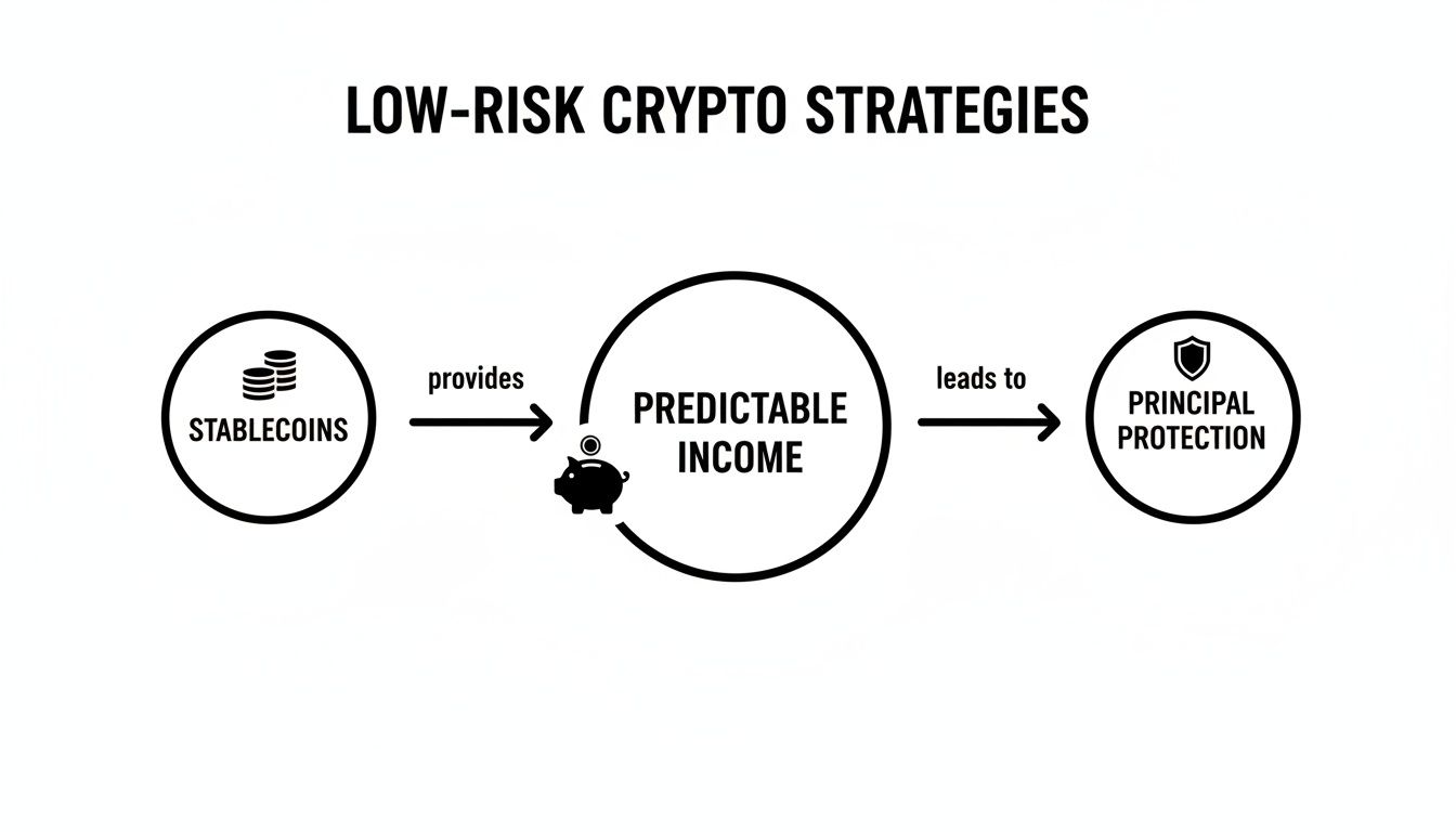Flowchart illustrating low-risk crypto strategies: Stablecoins provide predictable income, leading to principal protection.
