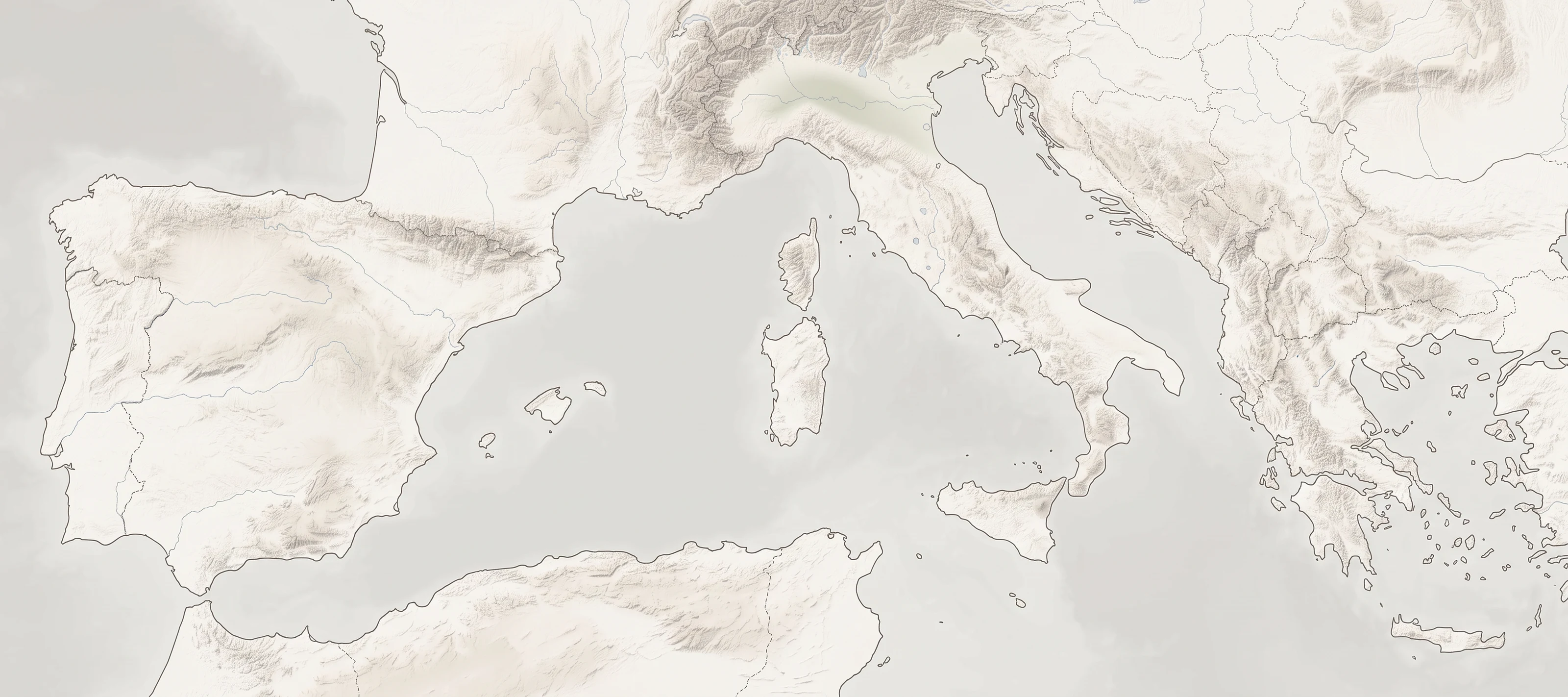 Map of the Mediterranean showing Mallorca, Ibiza, Comporta and Paros