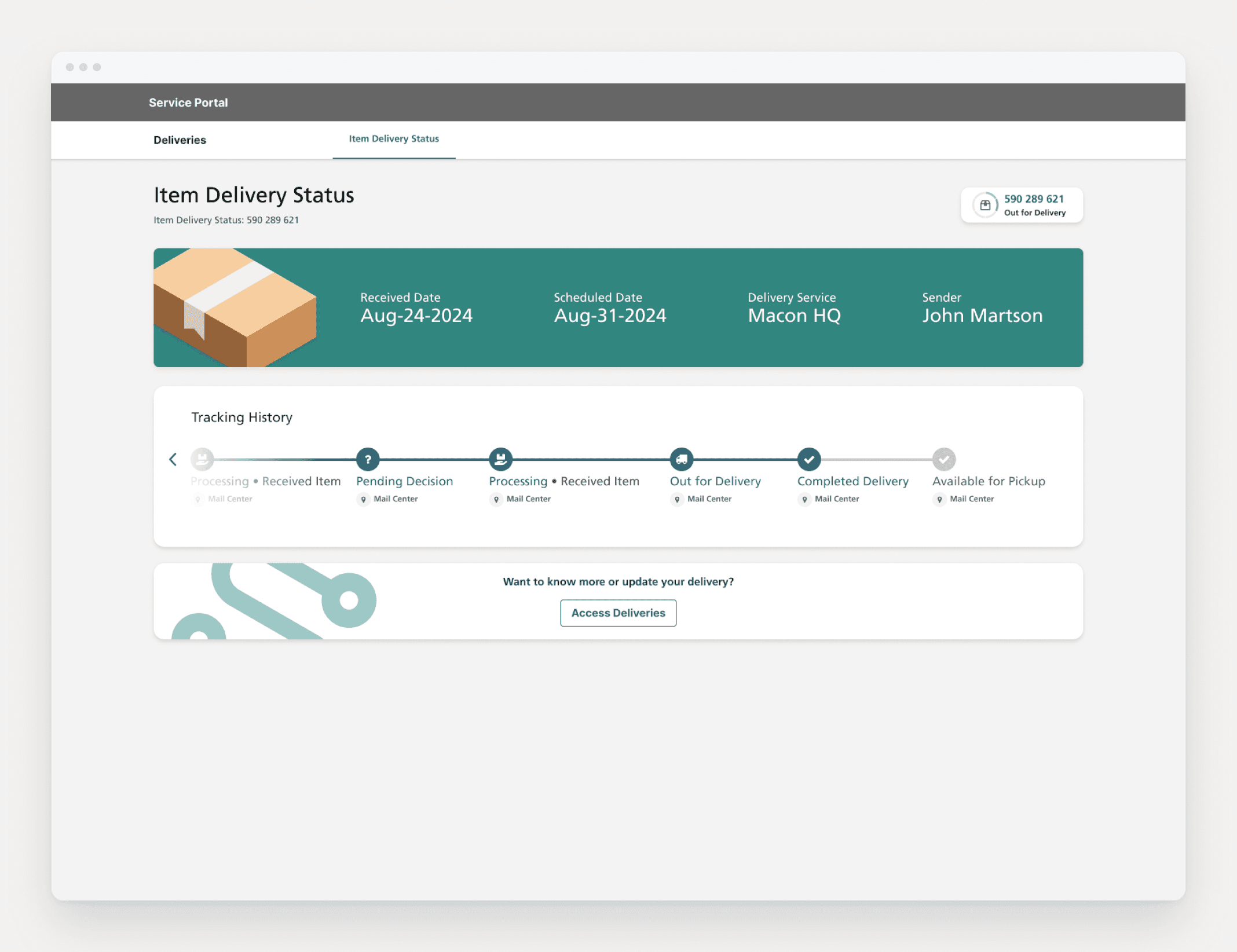 Item delivery status for a customer, with the tracking history across each stage