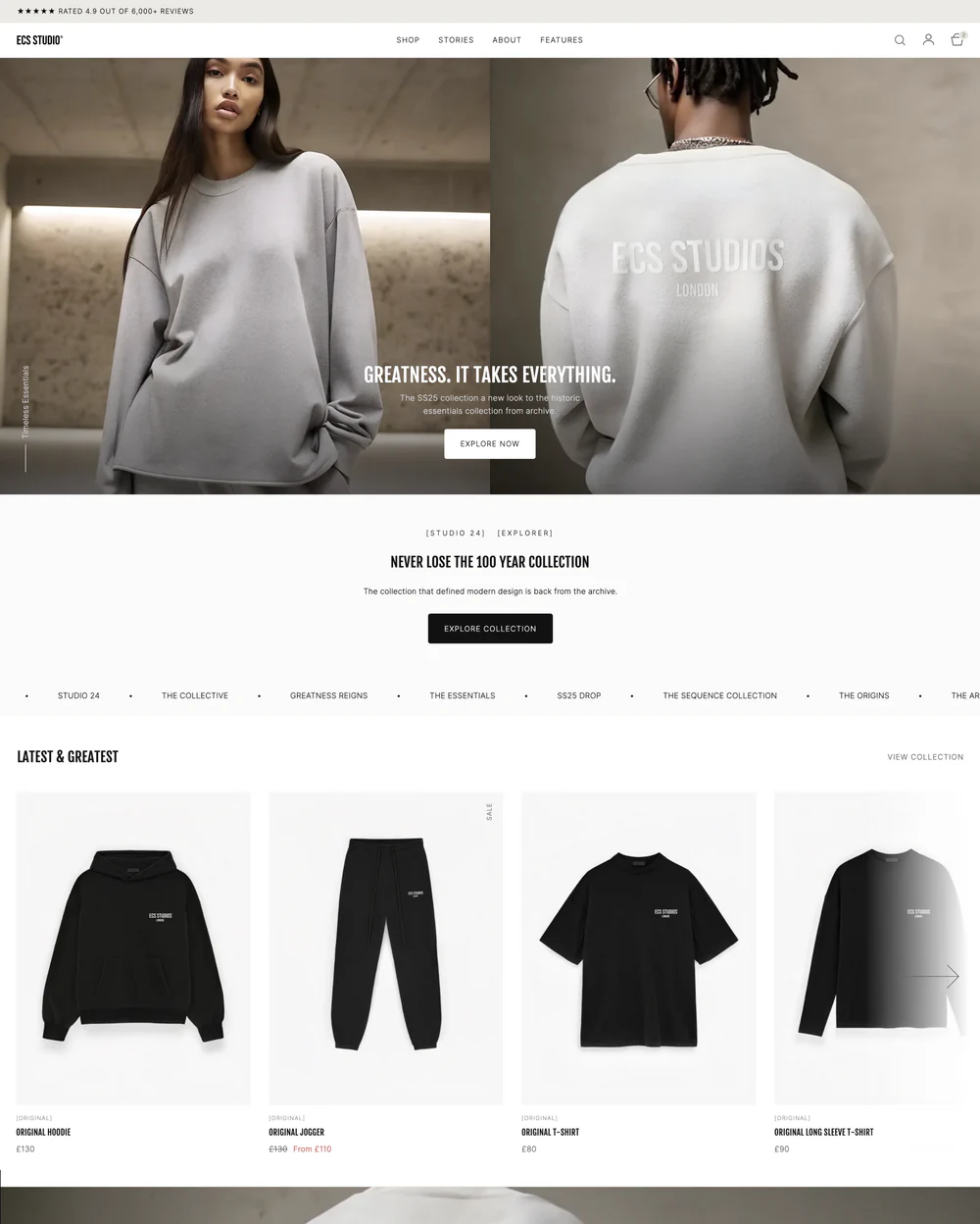 A screenshot of a website and A man and a woman wear oversized gray sweatshirts. The man's back displays "ECS Studios London." The mood is relaxed and minimalistic. Text: "Greatness. It takes everything."