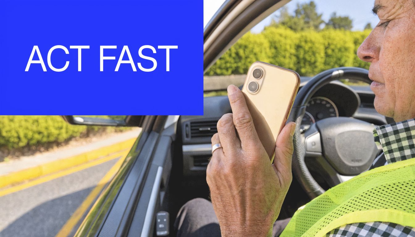A person in a high-visibility vest holding a smartphone while sitting in the driver's seat.