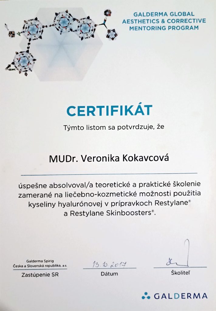 Certifikát Galderma pre MUDr. Veroniku Hamráčkovú Kokavcovú o školení liečebno-kozmetického použitia kyseliny hyalurónovej Restylane