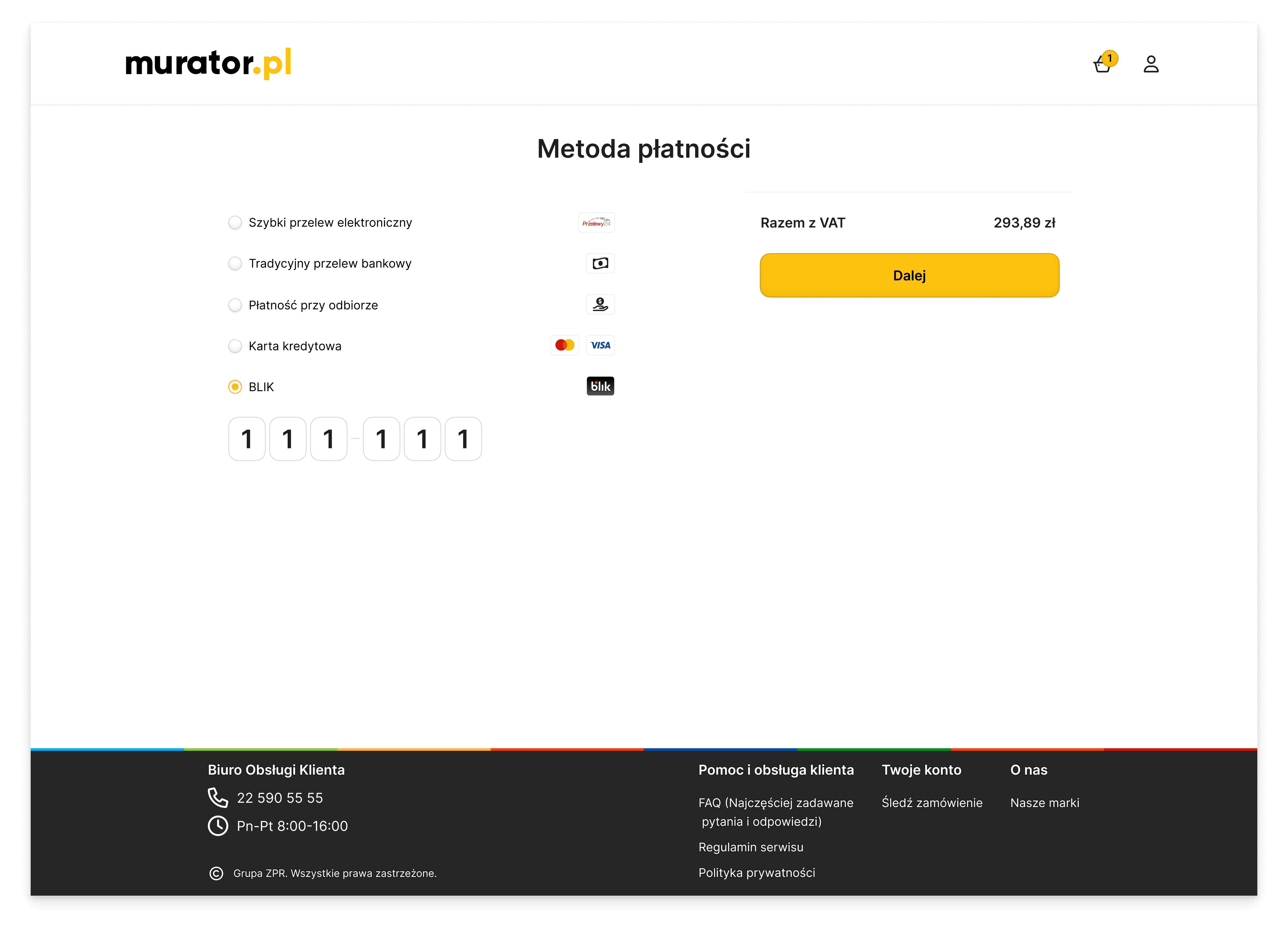 Desktop "Payment Method" interface for Murator, displaying a list of secure options including Fast Online Transfer, Traditional Bank Transfer, Cash on Delivery, Credit Card, and BLIK with integrated provider logos.