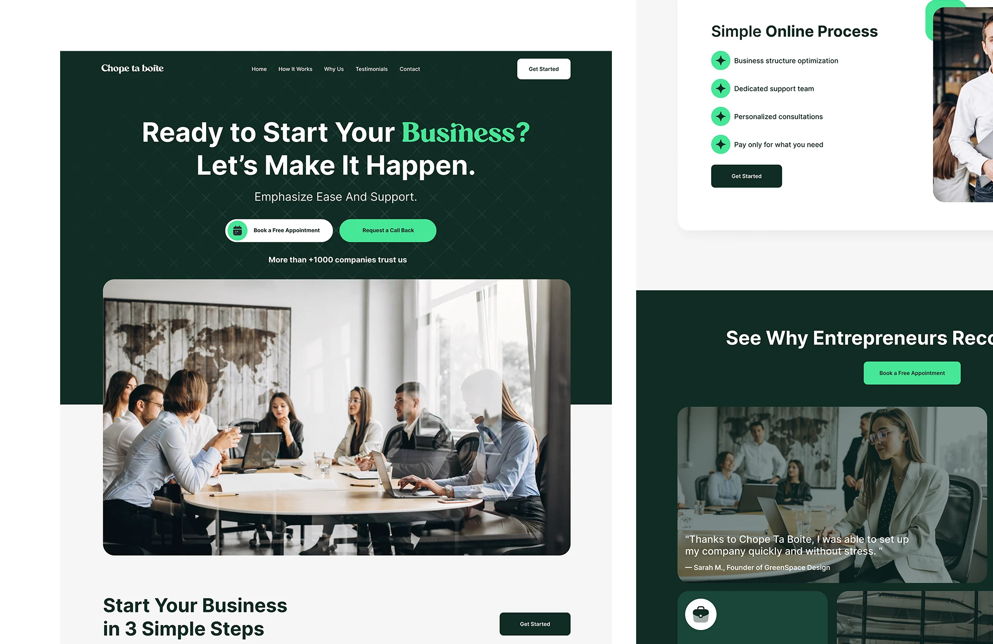 Business consulting website hero design with professional layout, startup services messaging, and modern web UI