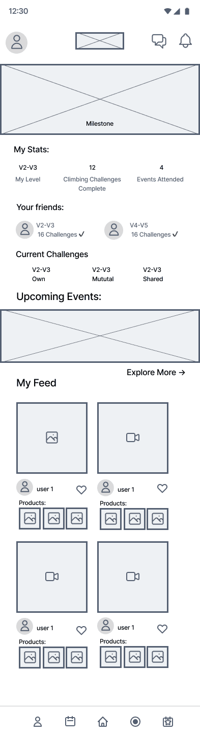 A low fideilty screen of the first iteration of the homepage of the app. In order from top ot bottom of the page, there is a header bar, a placement for an image, a 'my stats' section, a 'your freinds' section, a section for your current chalenges, and an upcoming events section being cut off at the bottom