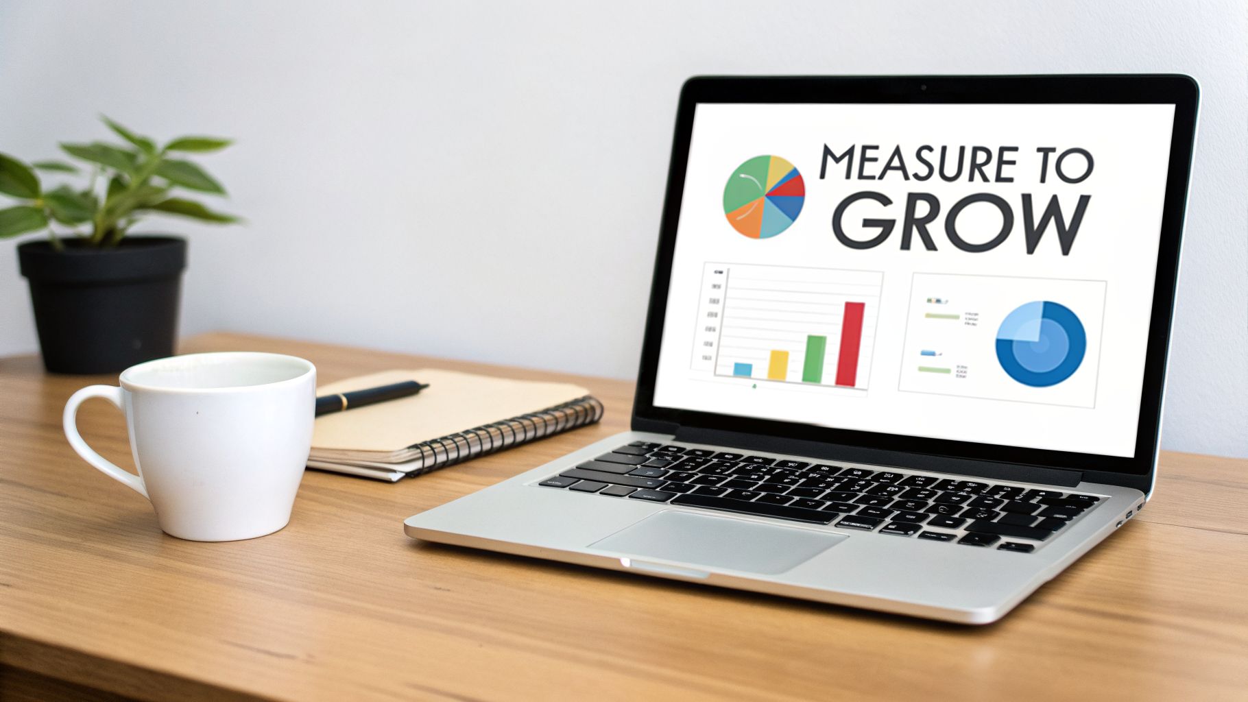 A laptop on a wooden desk displaying 'Measure to Grow' with business charts, next to a coffee cup and a plant.