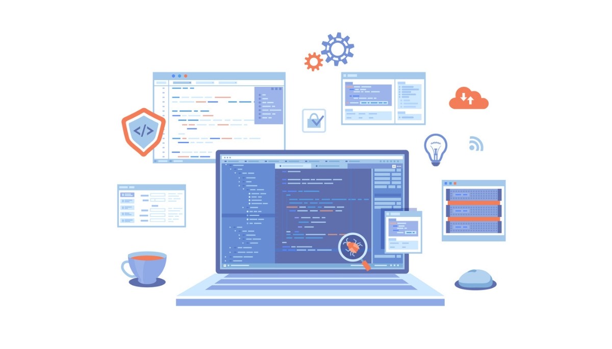 Illustration of developers working around an infinity loop with code, gears, and cloud elements, symbolizing continuous integration, automated workflows, and top tools used in modern software development.
