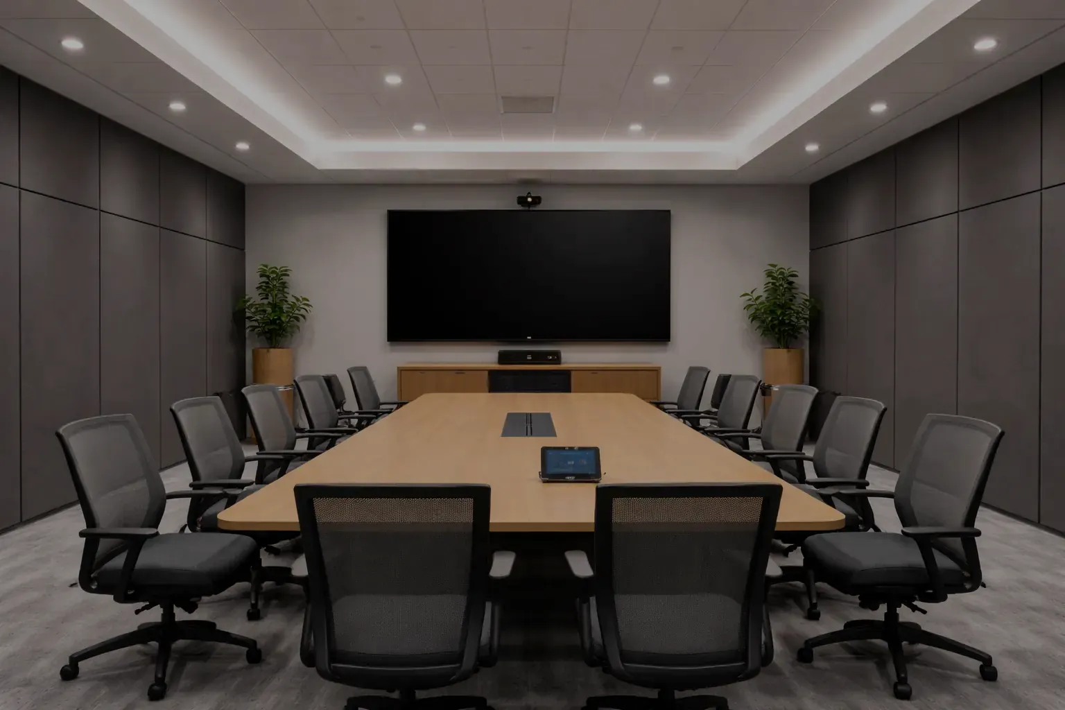Modern corporate AV conference room with large display, video conferencing setup, and professional meeting space