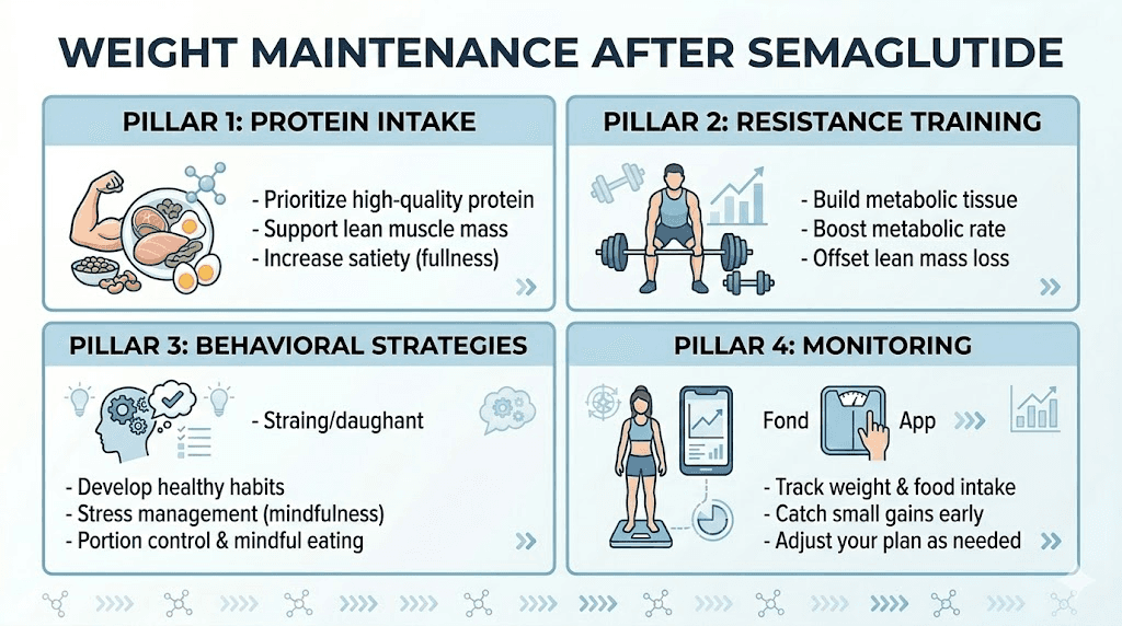 Four strategies to maintain weight loss after stopping semaglutide including diet, exercise, behavior, and monitoring