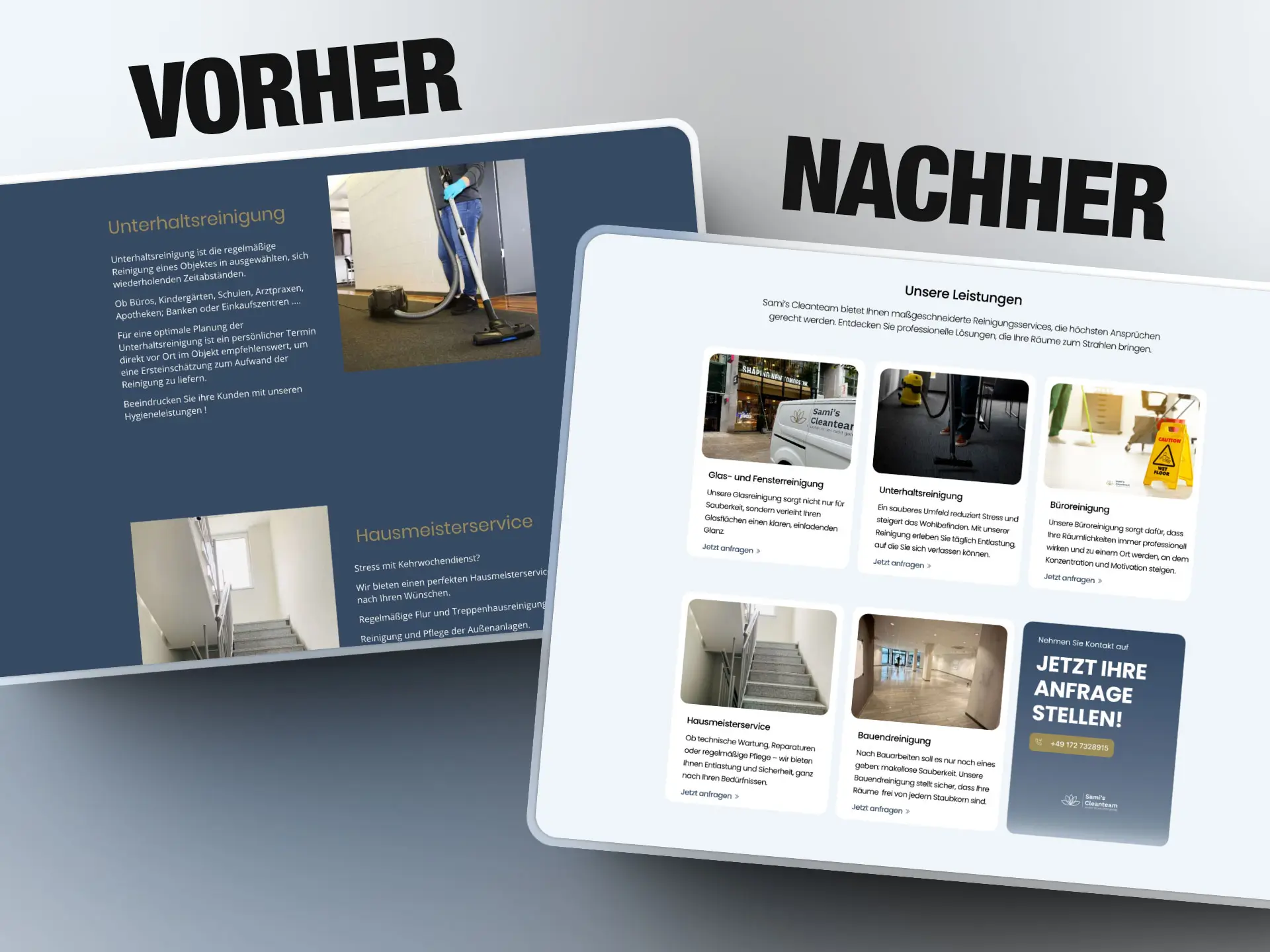 Vorher-Nachher Darstellung der Reinigungswebsite von Sami’s Cleanteam – strukturierter Relaunch für höhere Conversion-Rates