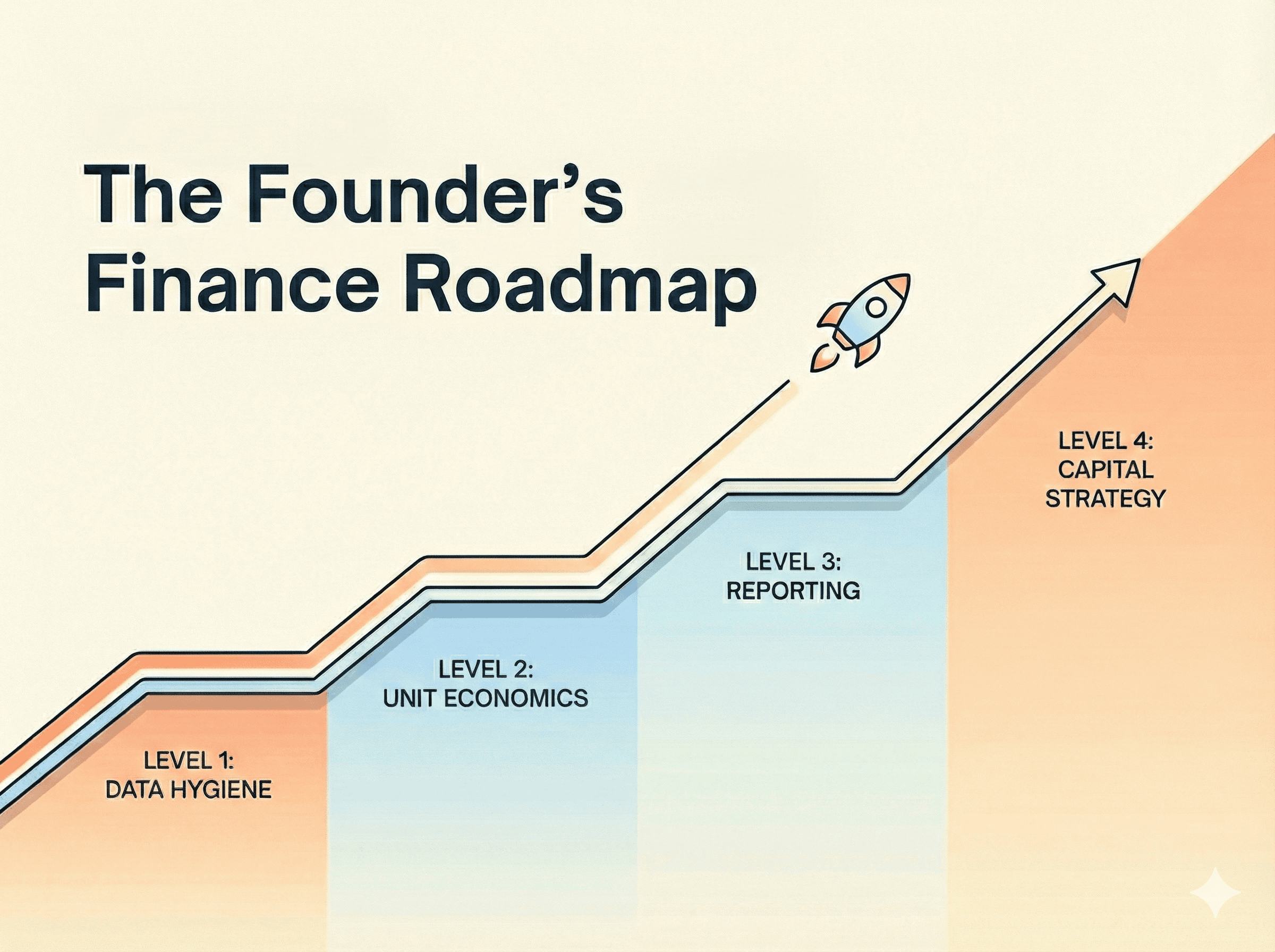 Startup finance roadmap showing four levels from data hygiene to capital strategy