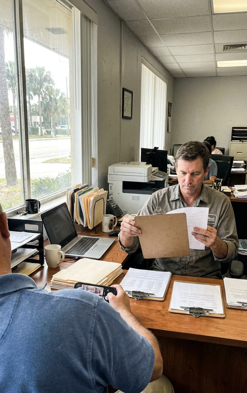 Man at desk reviewing files, RockN' Socials Digital Marketing Agency office.