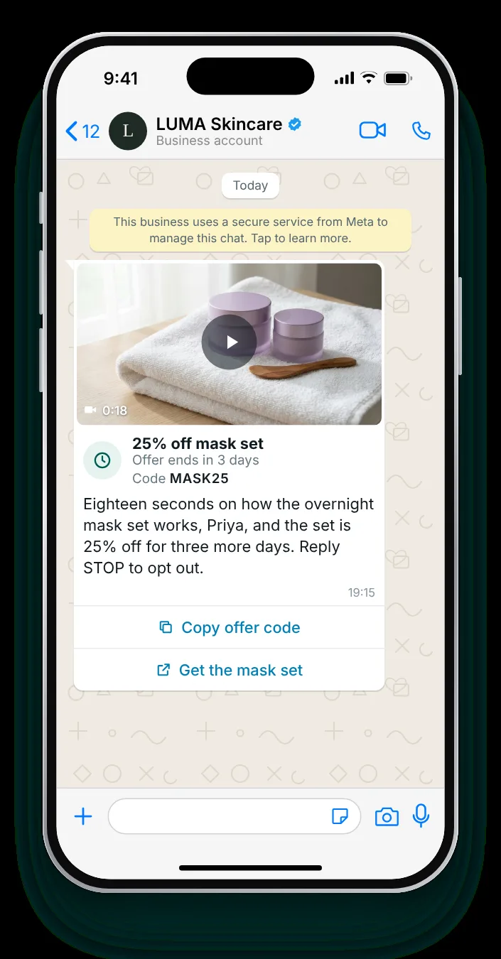 A short demo above the timer: WhatsApp limited-time offer on an iPhone