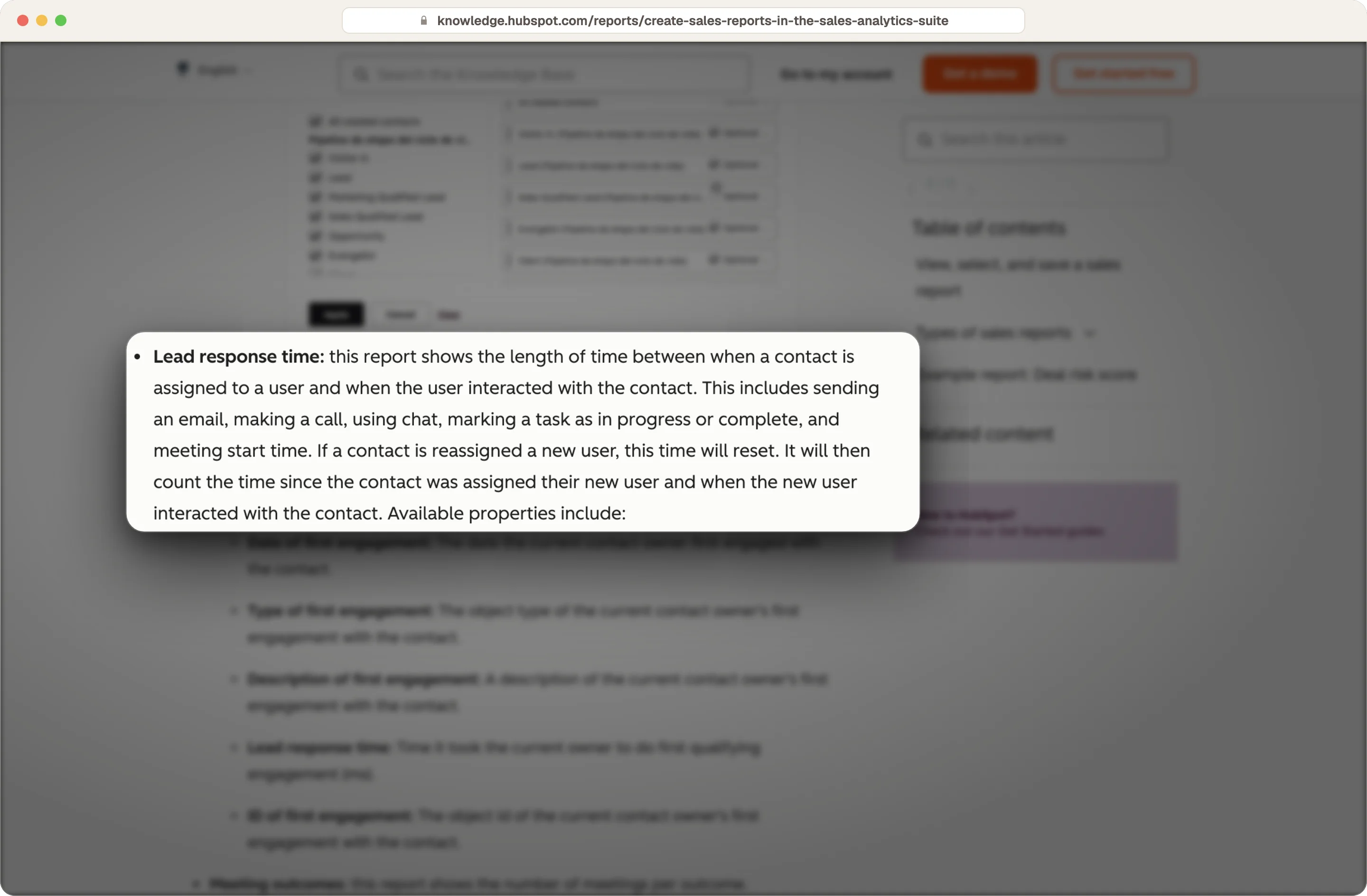 HubSpot knowledge base defining the Lead response time report, from assignment to the owner's first engagement