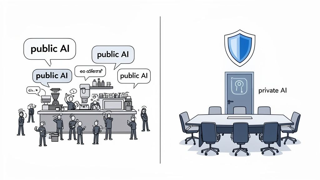 Illustration contrasting public AI in a busy setting with private AI in a secure boardroom.