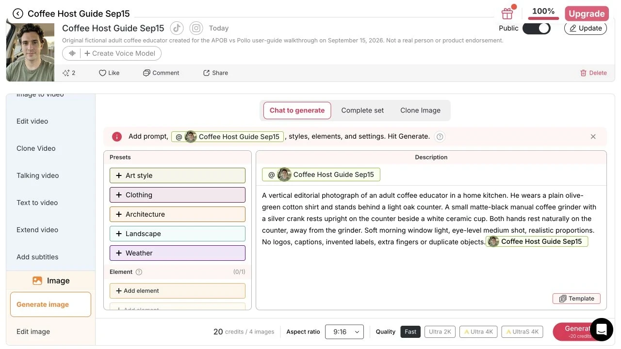 APOB Chat to generate with a real coffee-host model chip, kitchen prompt, Fast quality and 20-credit four-image quote