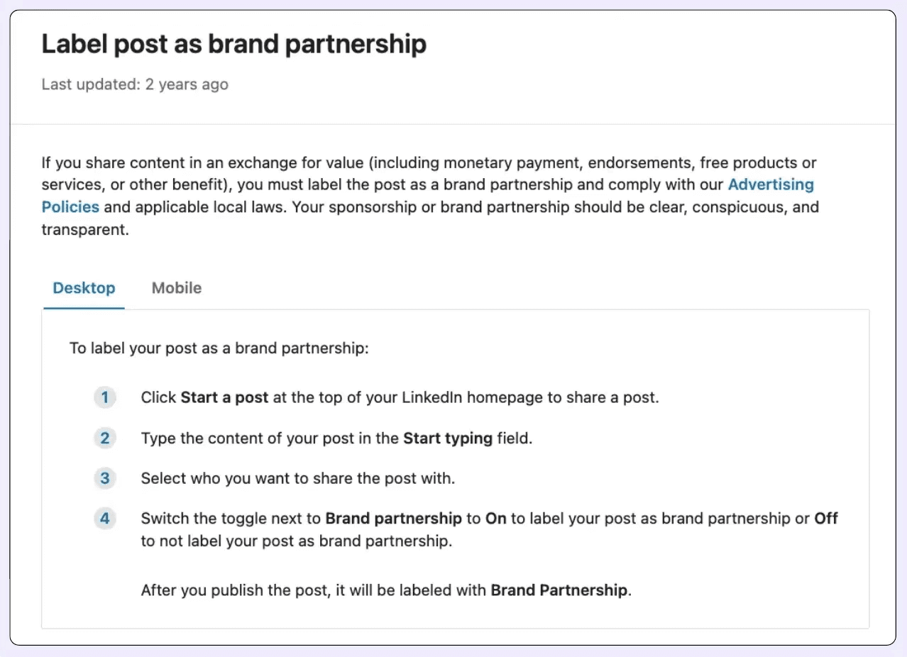 A screenshot of a step-by-step guide for labeling LinkedIn posts as brand partnerships