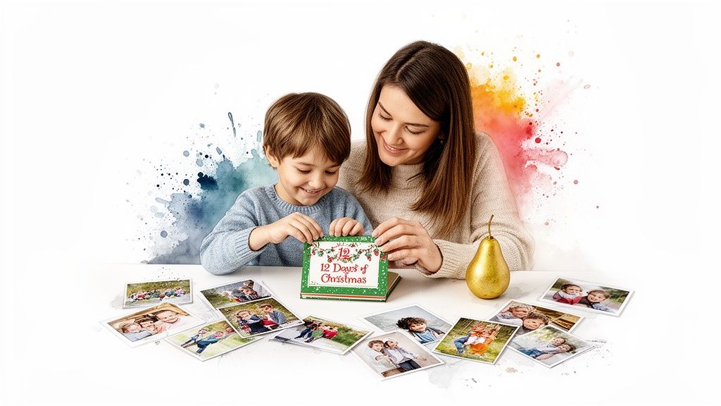 A mother and child smiling, looking at a '12 Days of Christmas' booklet surrounded by printed family photos.