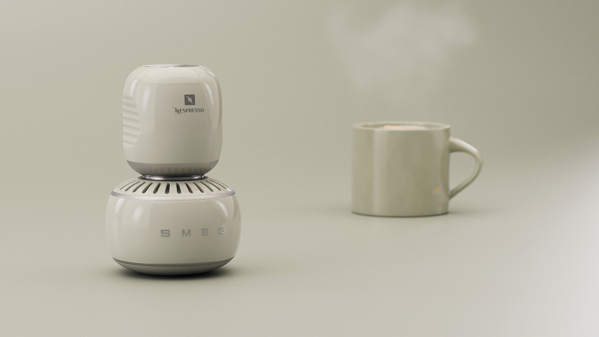 Stacked Smeg x Nespresso concept machine with ceramic cup, minimalist studio backdrop