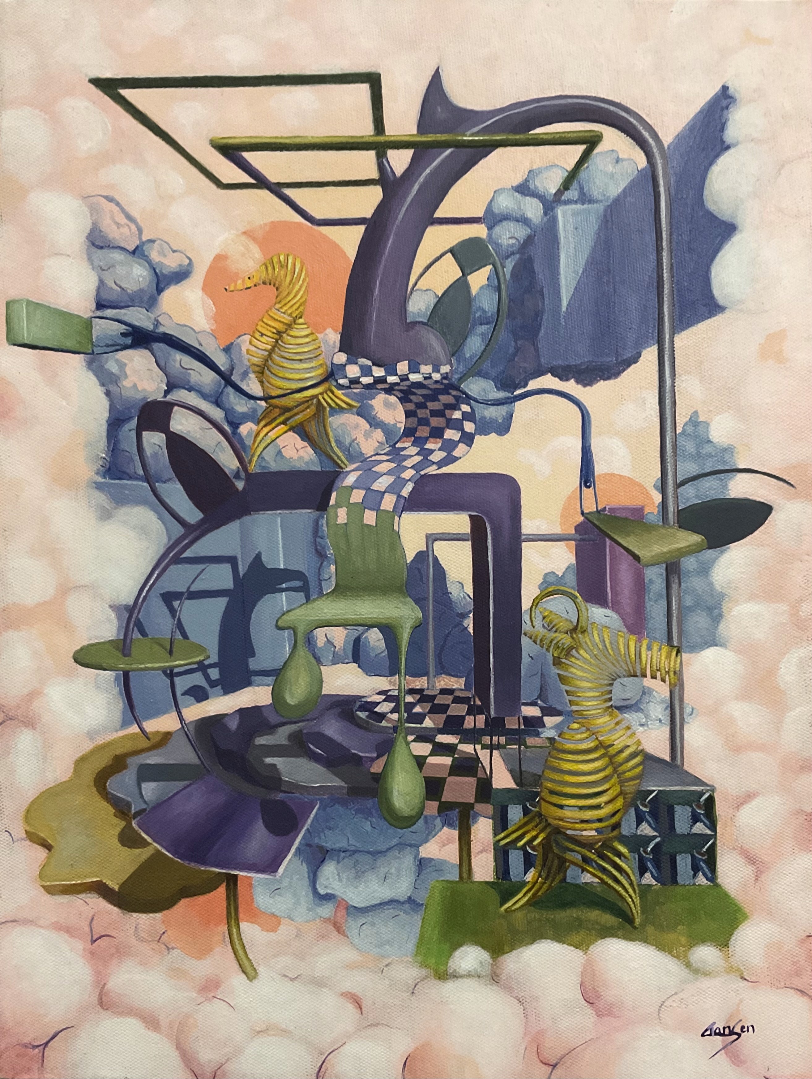 herd of sheep on road painting