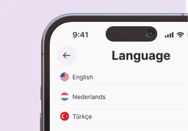 A screenshot of the Whisprice app's language settings, showing options for English, Nederlands (Dutch), and Türkçe (Turkish).
