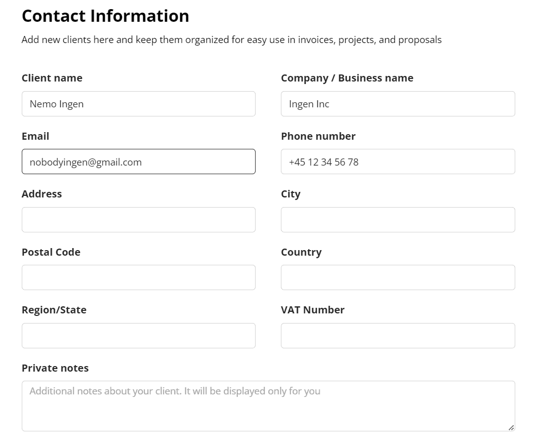 Client details form for an invoice