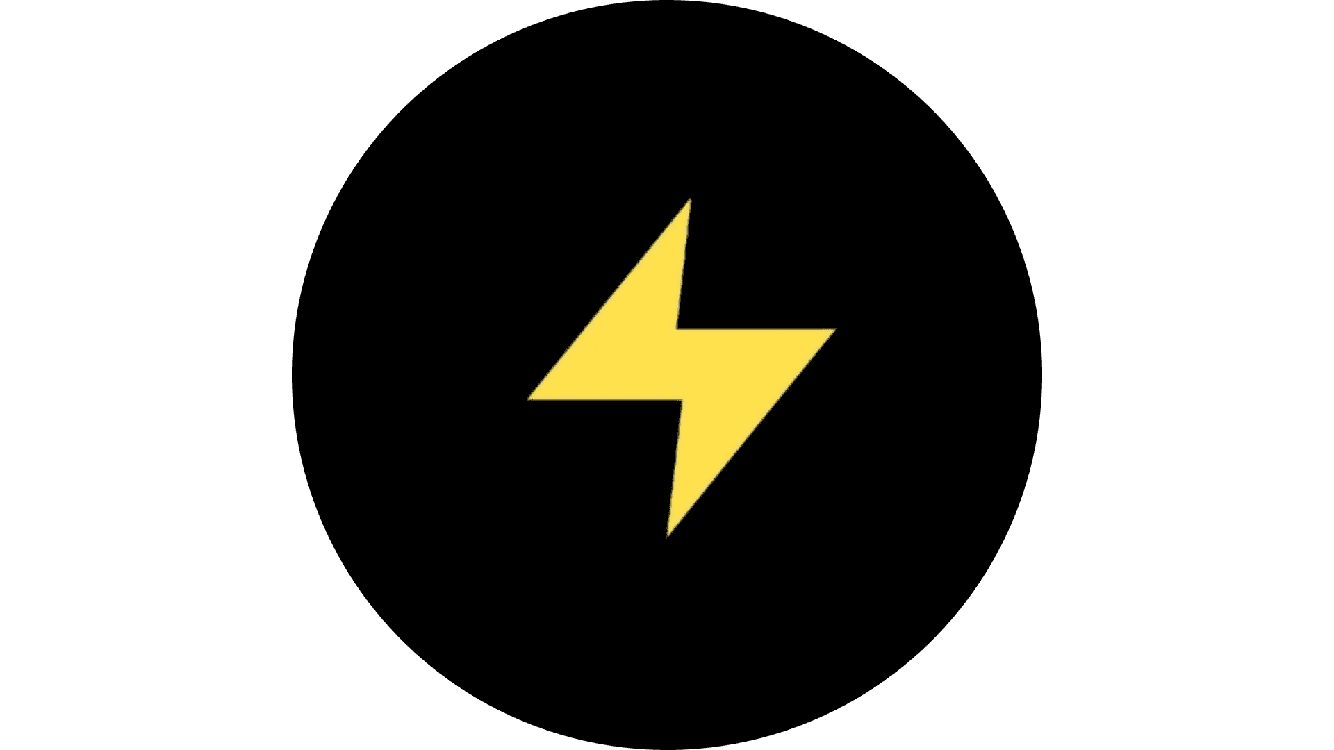 A bold yellow lightning bolt icon is centered against a solid black circular background.