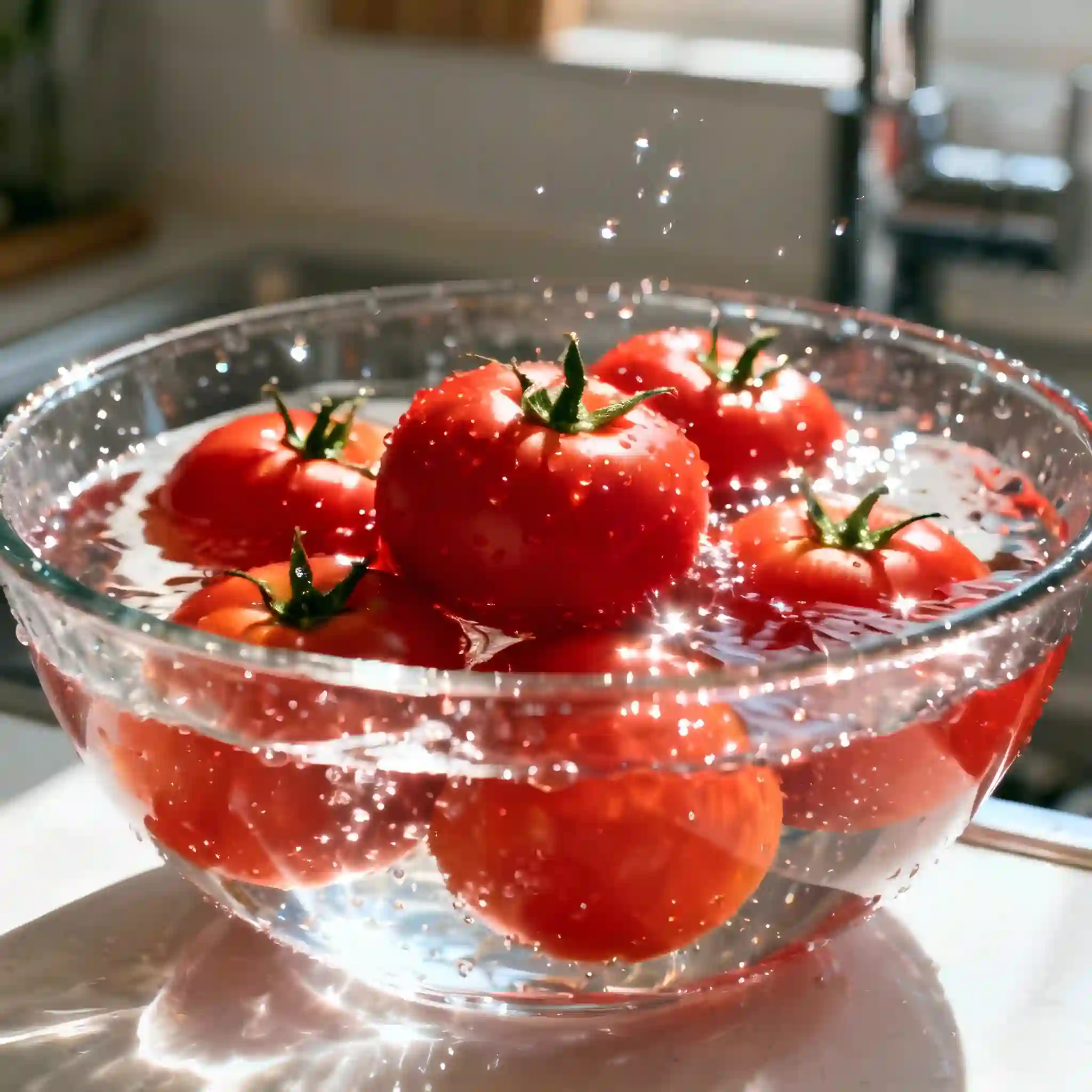 Tomato segar direndam dalam air Strong Kangen pH 11.5 untuk menanggalkan sisa racun perosak dan lilin pada permukaan kulit.