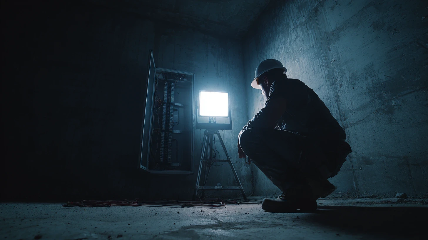 Technicien Modelec concentré sur une installation électrique de haute performance sous un éclairage de chantier.