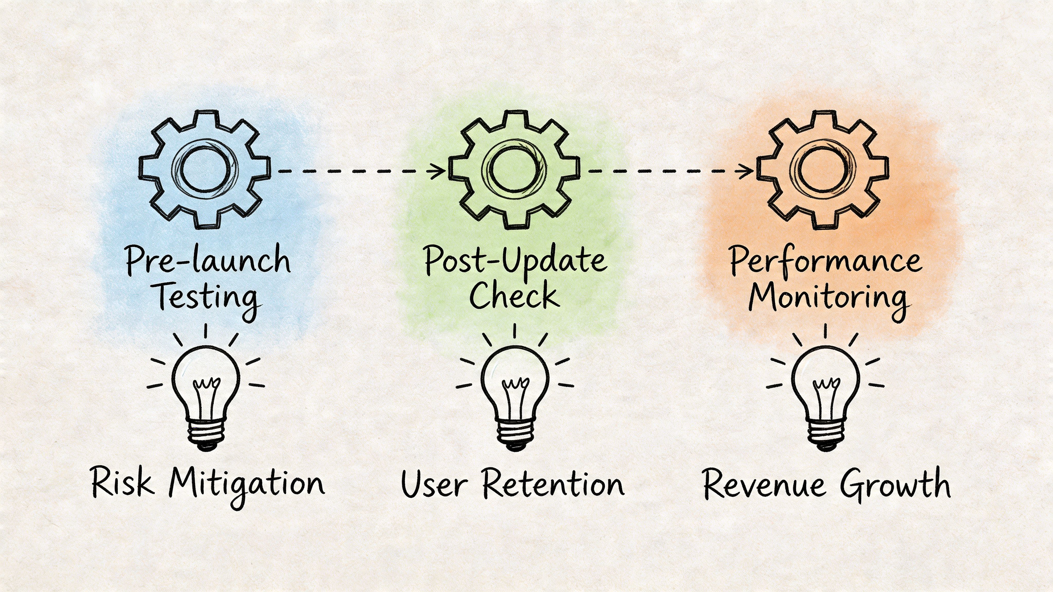 A diagram illustrating a business process with three stages leading to risk mitigation, user retention, and revenue growth.