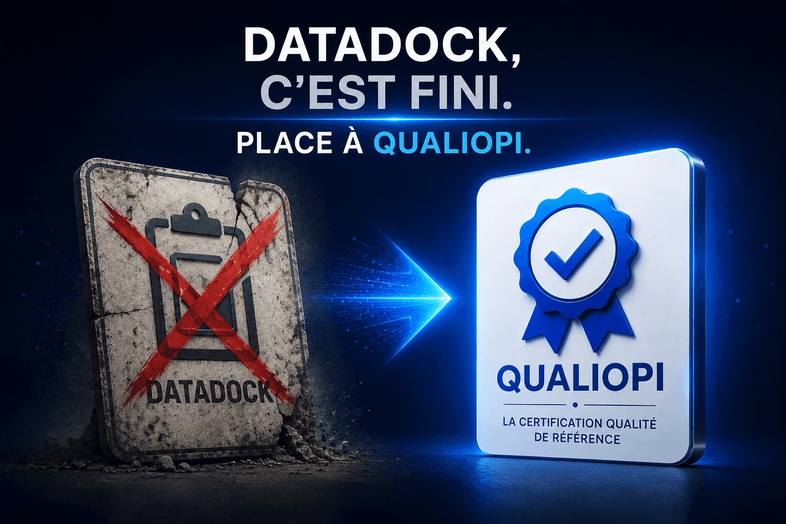 Illustration représentant la fin de Datadock et le remplacement du référencement qualité par la certification Qualiopi pour les organismes de formation.