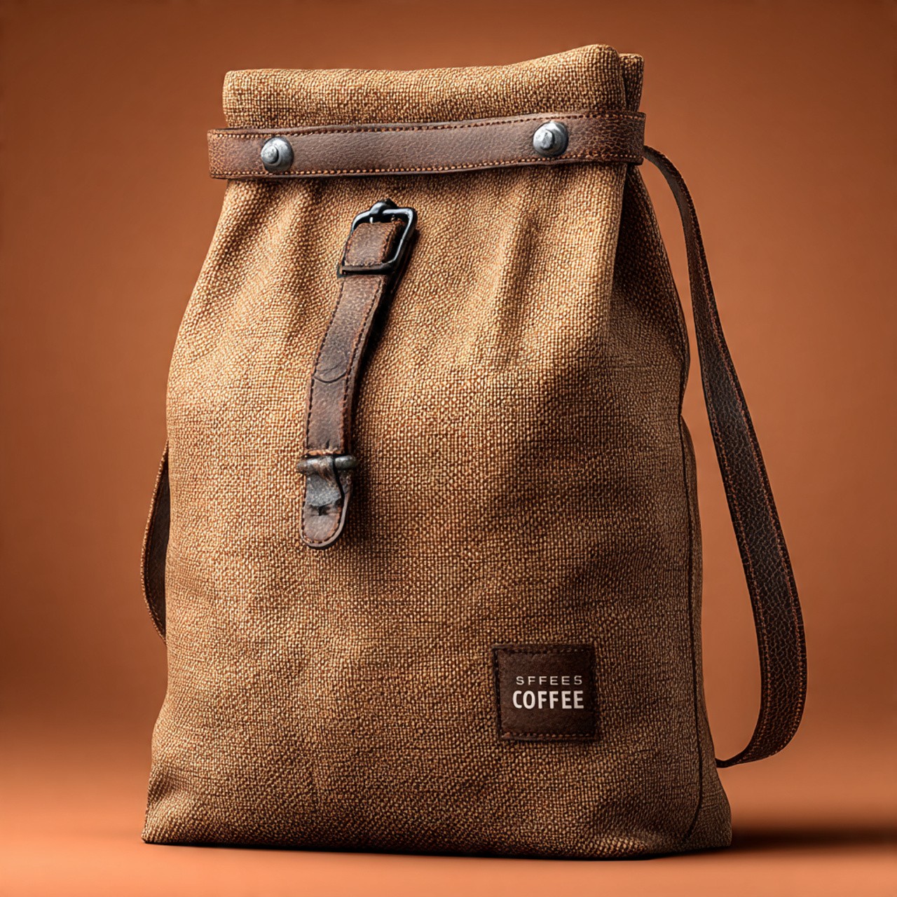 A brown, textured canvas coffee bag with a leather strap and buckle on a warm, earthy background. The label reads "SFFEES COFFEE." Rustic and inviting