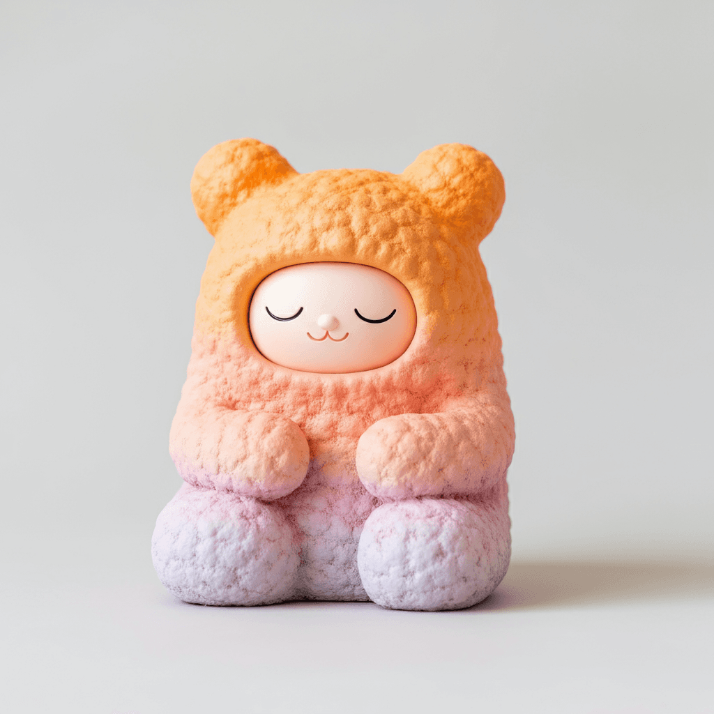 A stylized, fuzzier cute creature made out of ultra-soft, push, comfy.