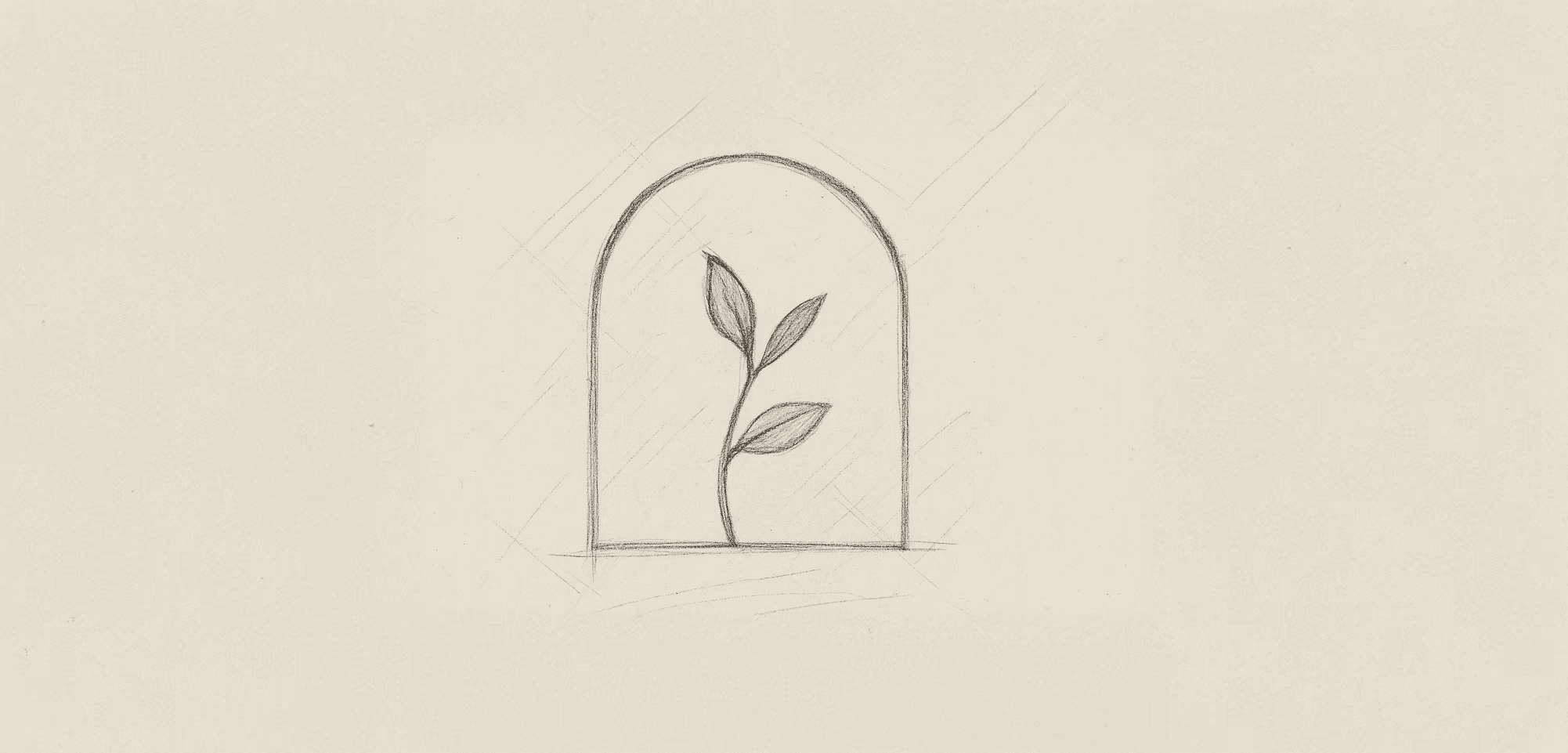 A simple pencil sketch of a small vine growing inside an arched frame, drawn on off-white textured paper with light crosshatch marks and a hand-drawn, organic feel.