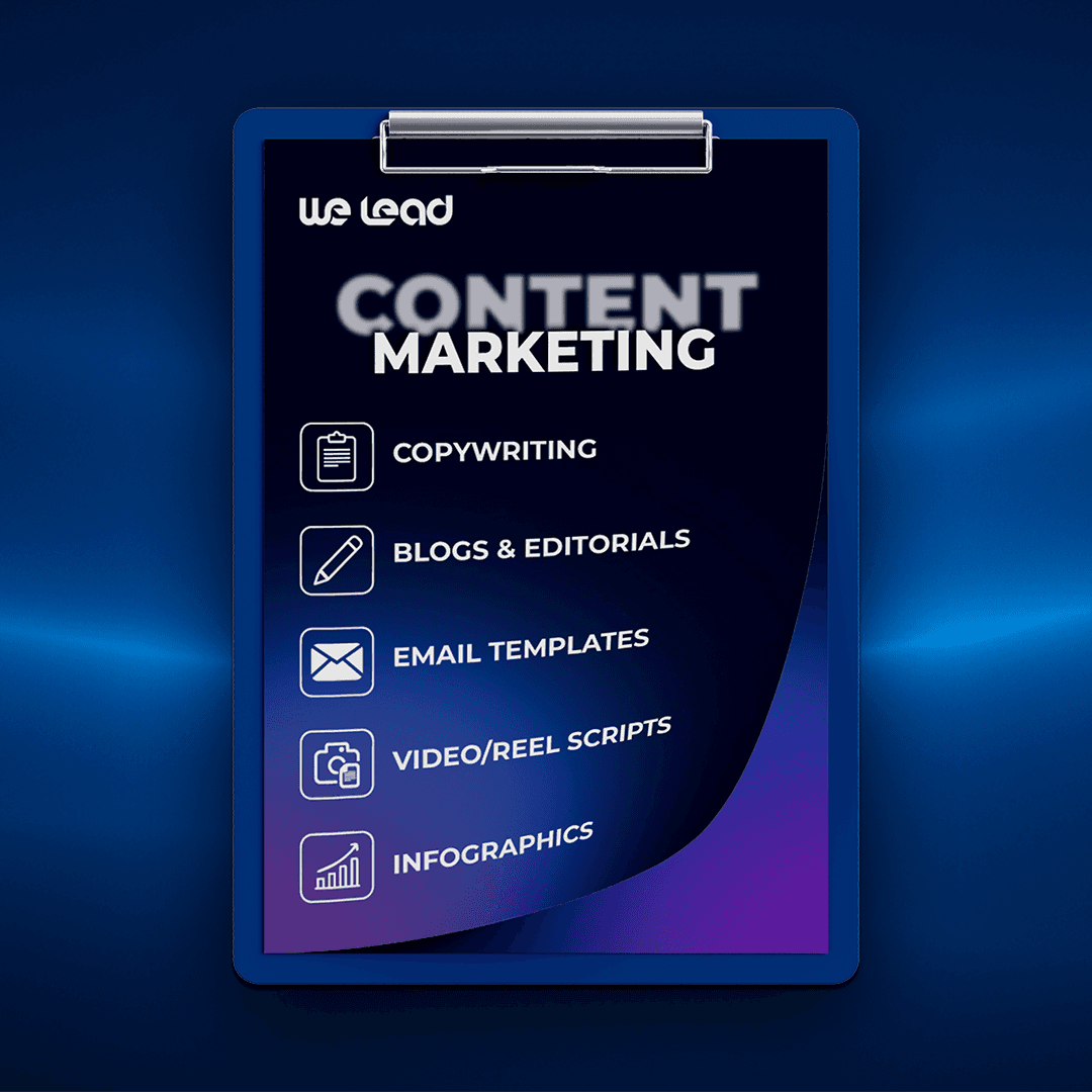 3D illustration of a digital clipboard displaying We Lead Agency’s content marketing services, including copywriting, blogs, email templates, video scripts, and infographics.