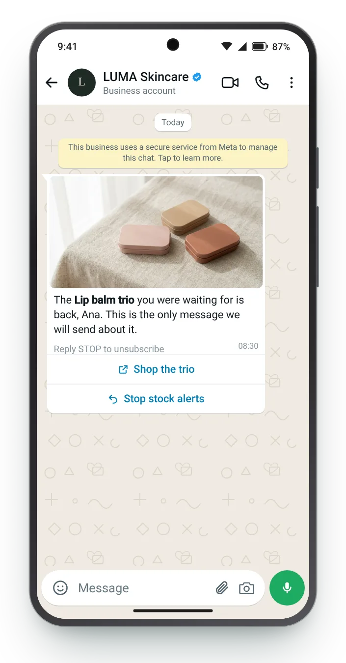 A single notice with a stop button: WhatsApp restock alert on an Android phone