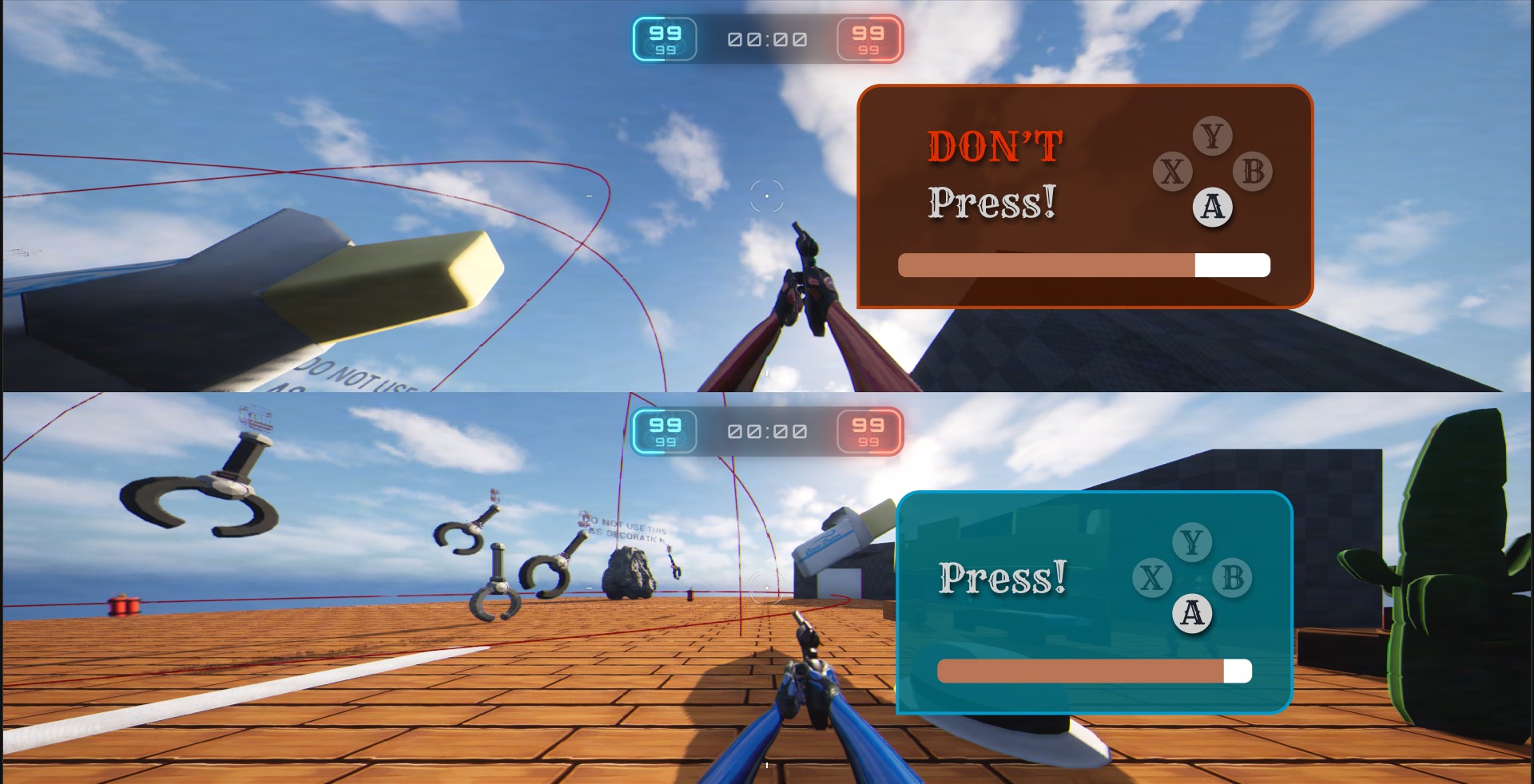 A game with a split screen UI, with each screen showing a minigame popup with the words "Press!" and a button or "Don't press!" and a highlighted button.