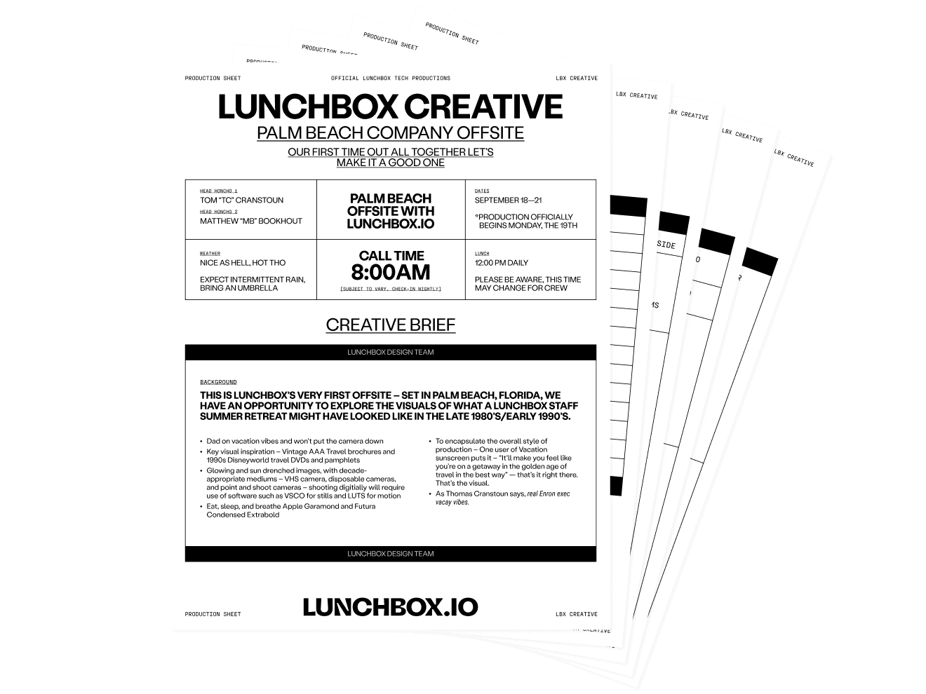 Call Sheet stack of papers spread out