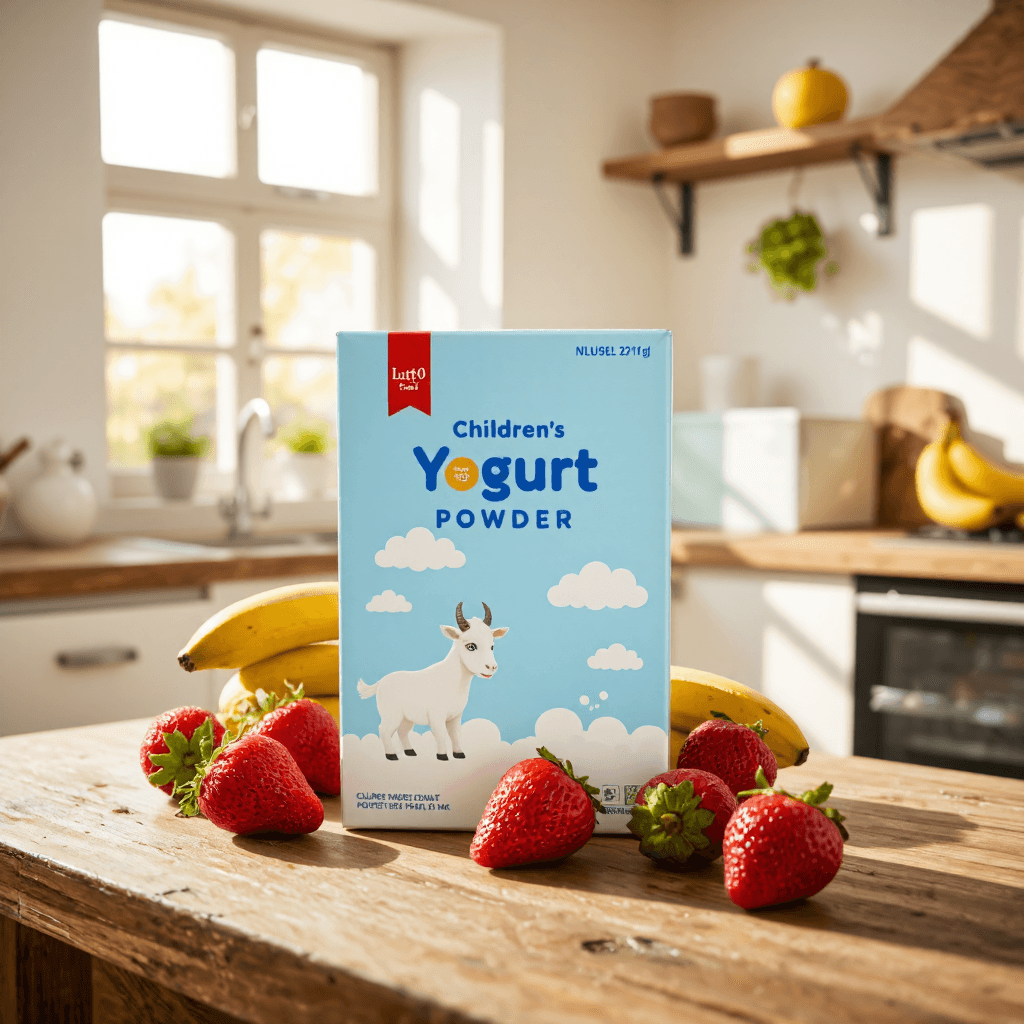 product photography of a box of children's yogurt powder