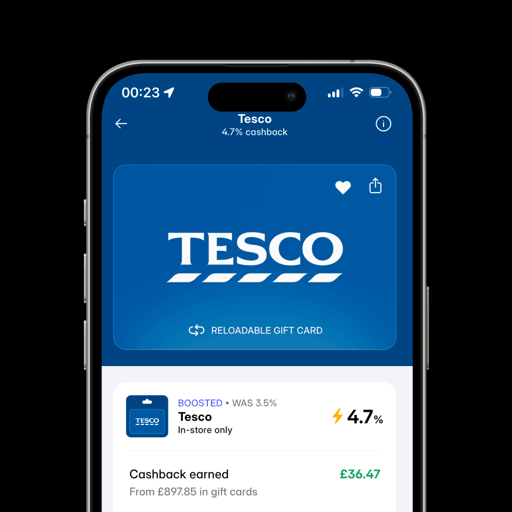Hand holding cheddar app showing a tesco gift card