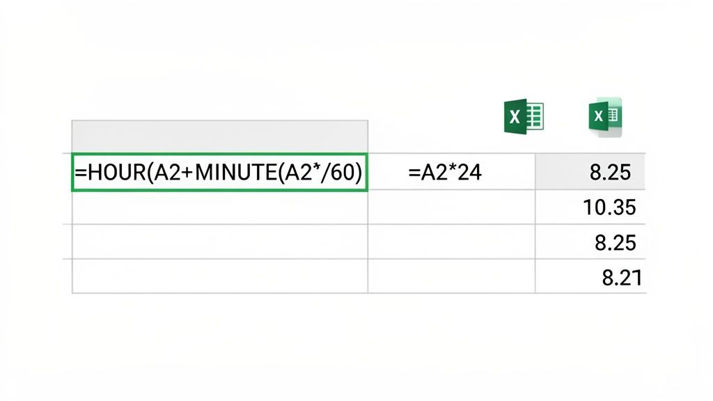 Excel spreadsheet displaying formulas, including HOUR and MINUTE functions, and a simple A2*24 calculation for time conversion.