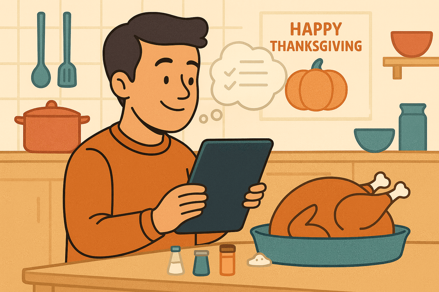 Cartoon of a smiling man in an orange sweater holding a tablet with its back facing the viewer, imagining a checklist in a thought bubble while a seasoned turkey, spices, and kitchen tools sit on the counter in a cozy “Happy Thanksgiving” kitchen, illustrating just-in-time learning for cooking.