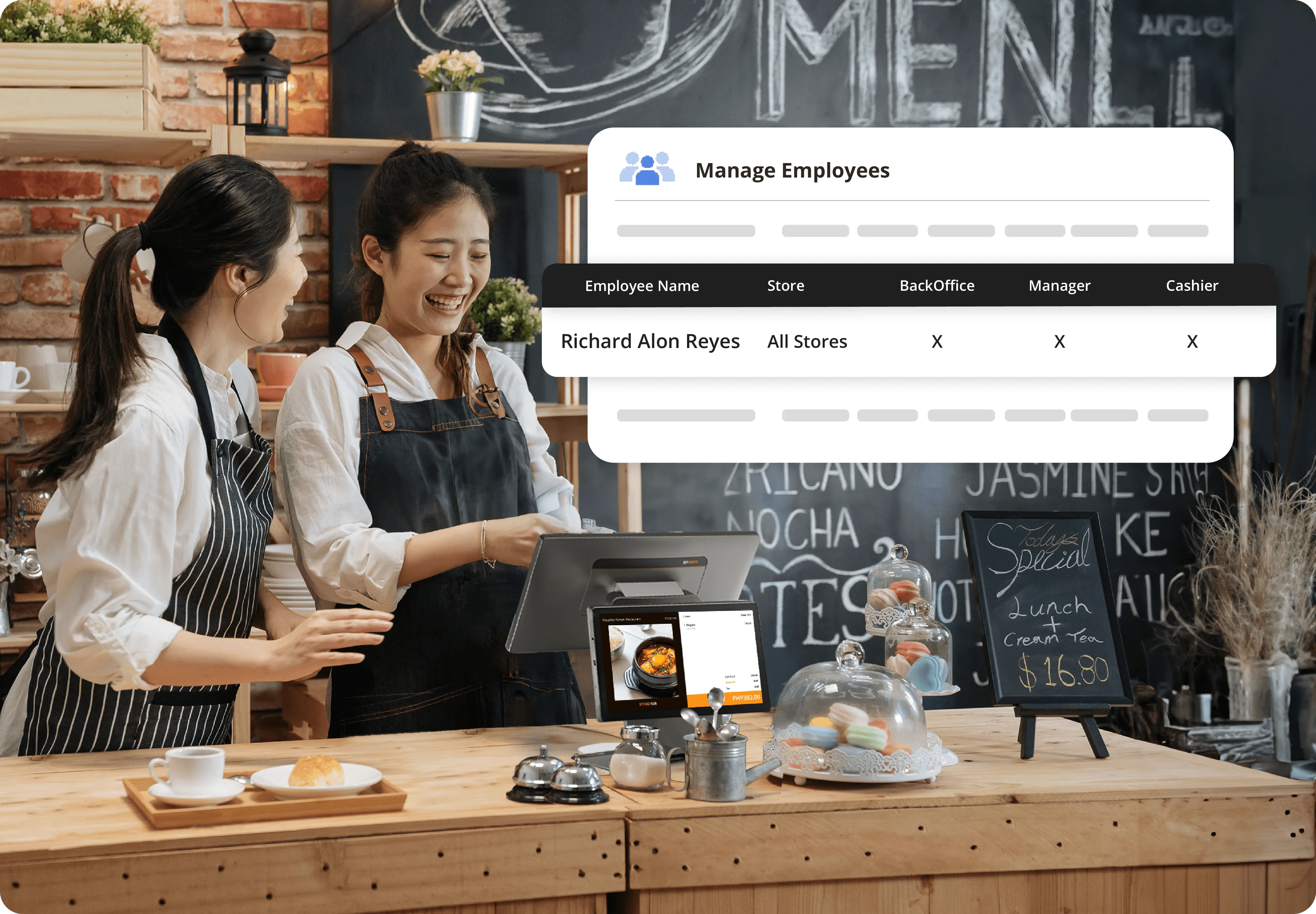 Two Philippine café staff using StoreHub POS while managing employee roles and access permissions.