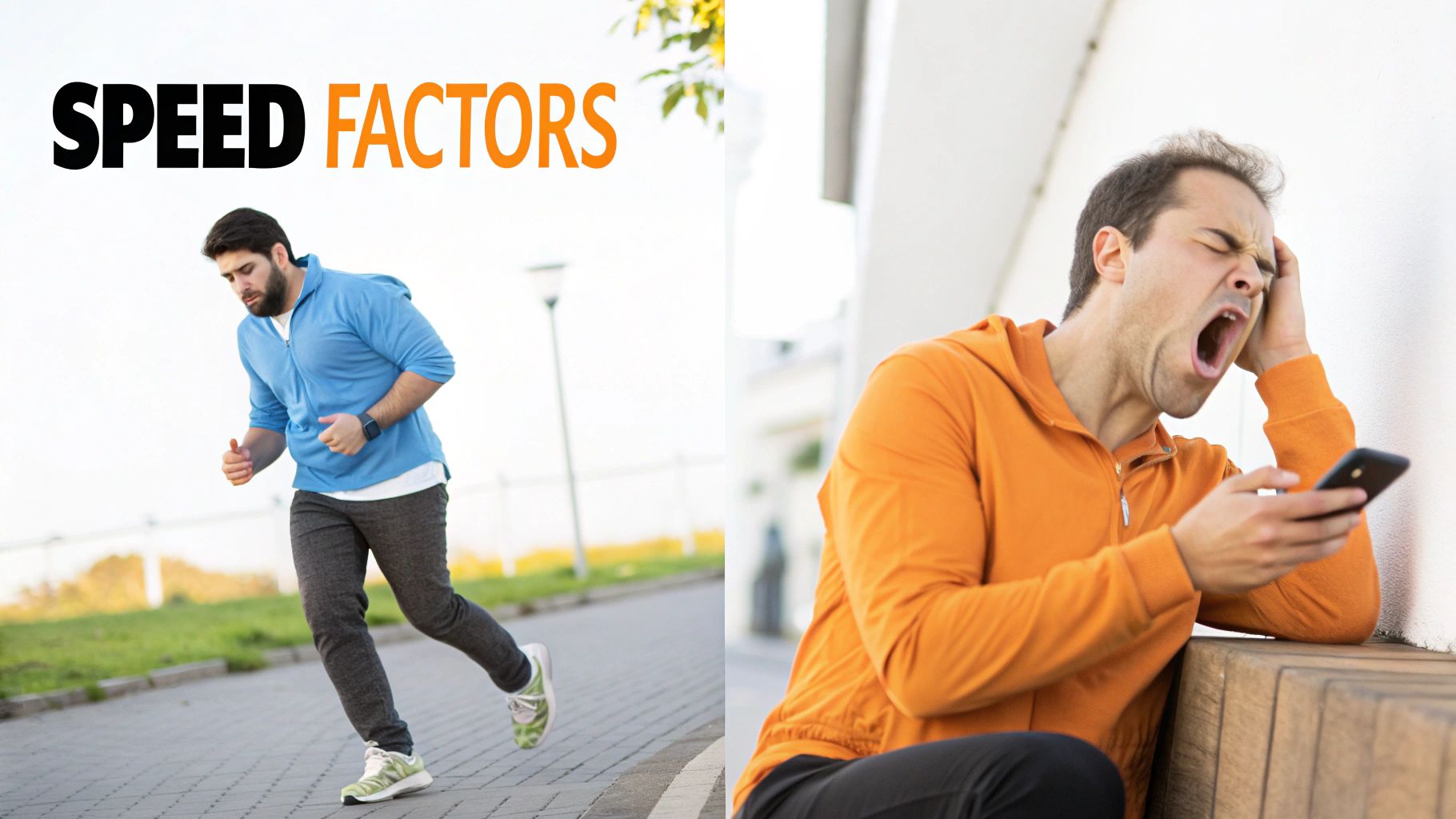 Two men illustrating contrasting activities: one running vigorously, the other tired and yawning at his phone. Text 'SPEED FACTORS'.