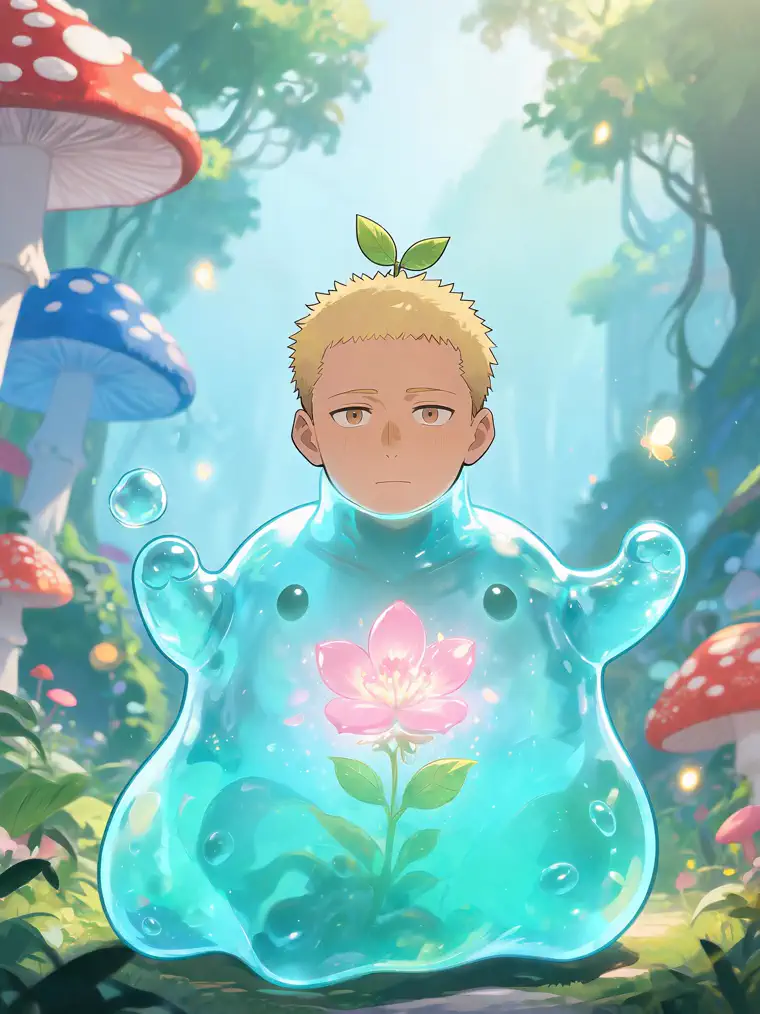 cute anime character image showing a forest slime boy with glowing flower magic