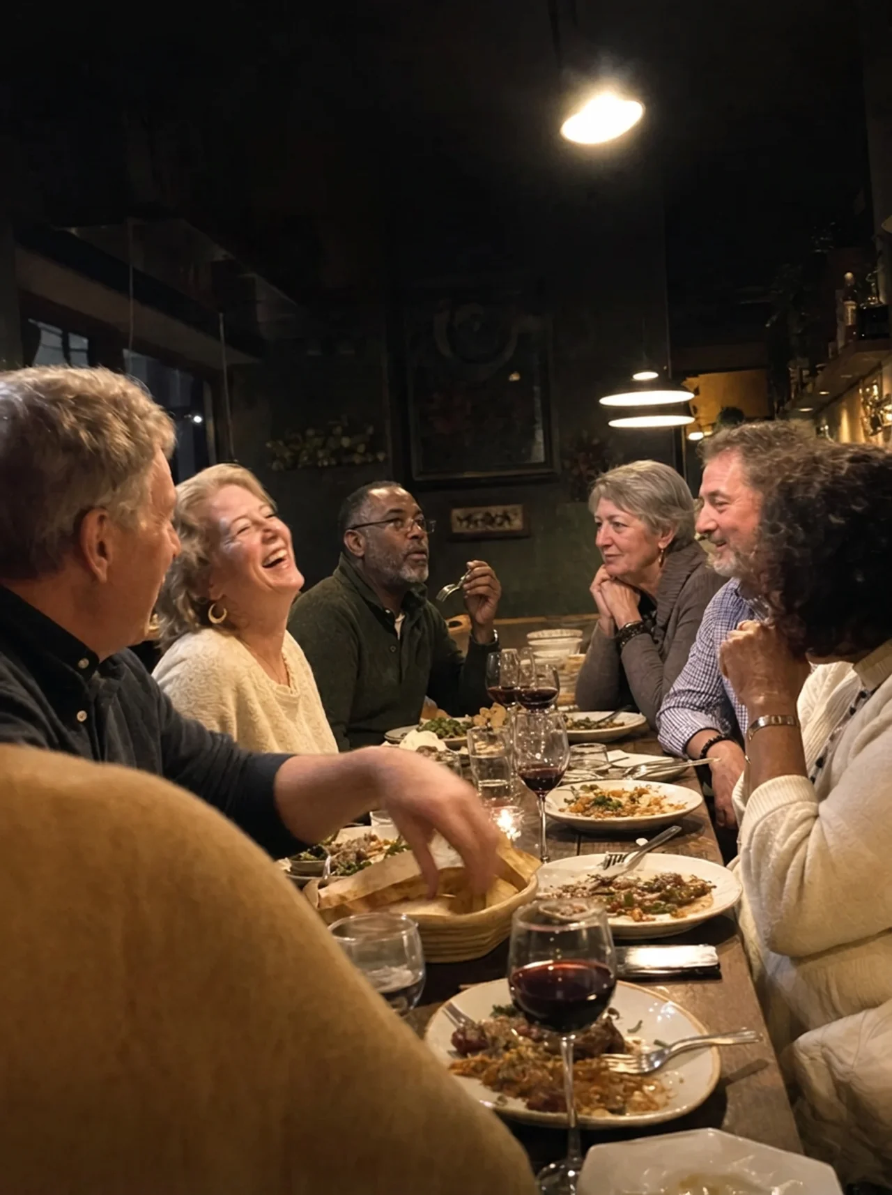Two people talking across a table