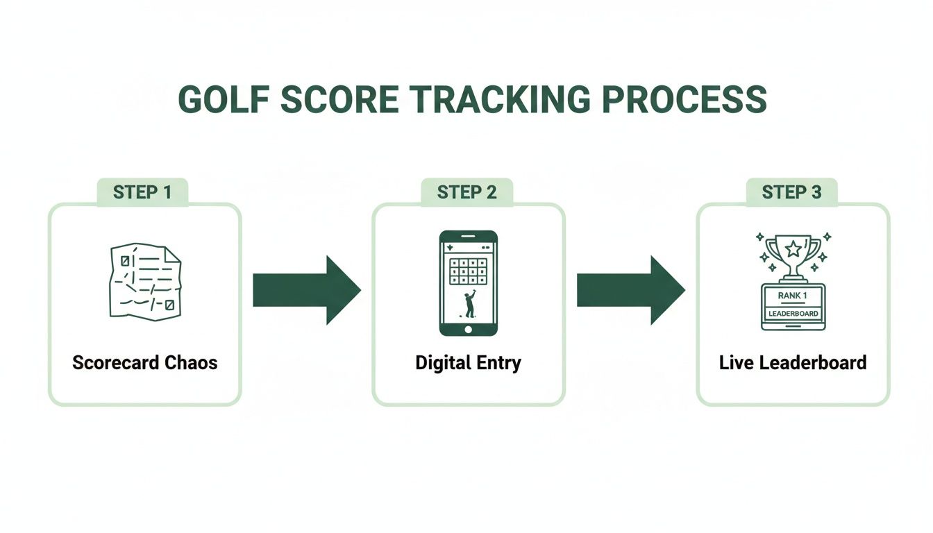 A three-step diagram illustrating the golf score tracking process from paper scorecards to a live digital leaderboard.