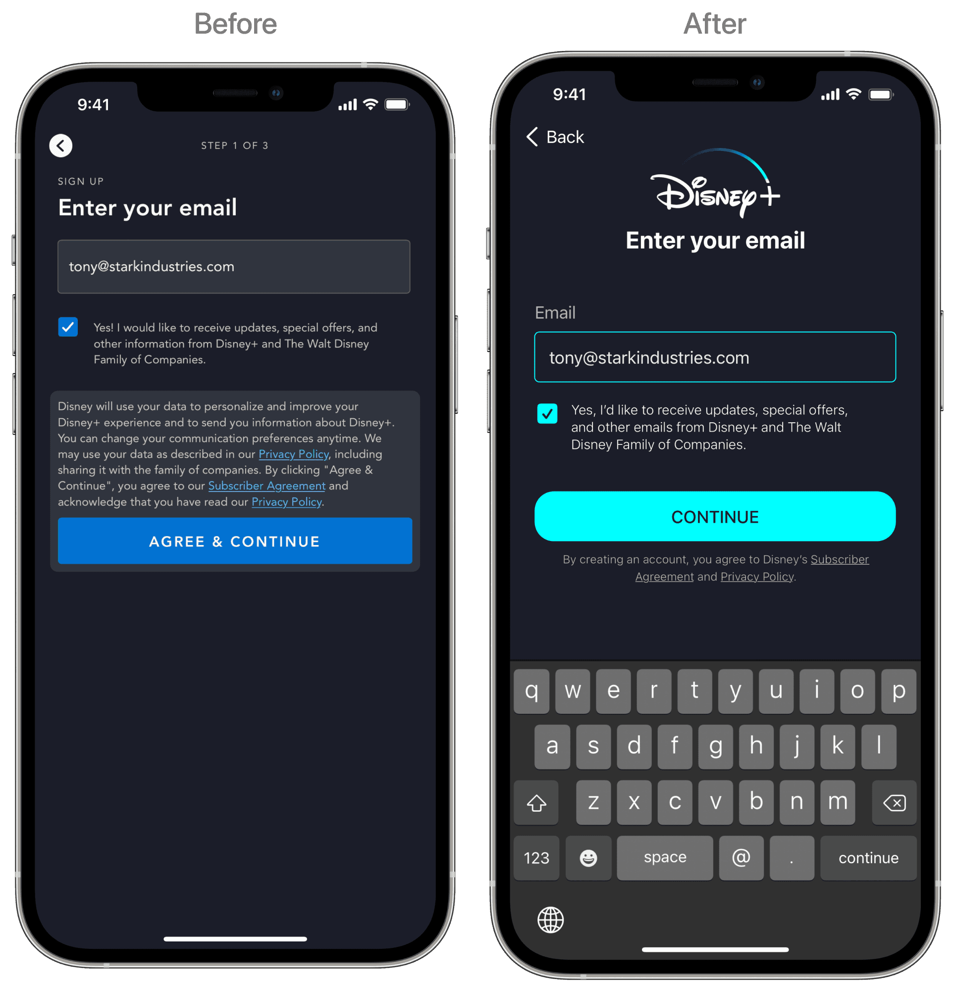 Disney+ email sign-up screen before and after the rewrite