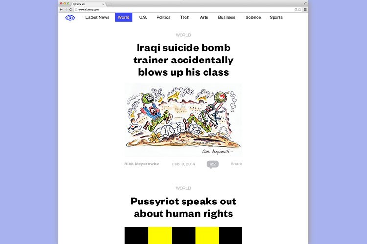 A screenshot of a computer screen displays a news article headline: “Iraqi suicide bomb trainer accidentally blows up his class.” The article is attributed to “Rick Meyerowitz” and is dated February 10, 2014. The headline is accompanied by a cartoon image showing a figure lying on the ground. The website’s navigation bar includes links for “Latest News,” “World,” “U.S.,” “Politics,” “Tech,” “Arts,” “Business,” “Science,” and “Sports.” The bottom of the screen shows a black-and-yellow striped banner.
